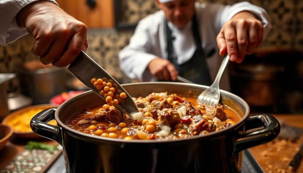 A detailed instructional video showcasing the traditional preparation of Moroccan Harira soup. The camera frames a traditional Moroccan kitchen setting, with warm lighting and earthy tones. In the foreground, a chef's hands expertly chop and add ingredients to a simmering pot - lentils, chickpeas, lamb, onions, and a blend of fragrant spices. Midground reveals the chef tasting and adjusting the seasoning, while in the background, a traditional Moroccan tile pattern adorns the walls. The video conveys a sense of cultural heritage, culinary expertise, and the comforting aroma of a beloved family recipe.
