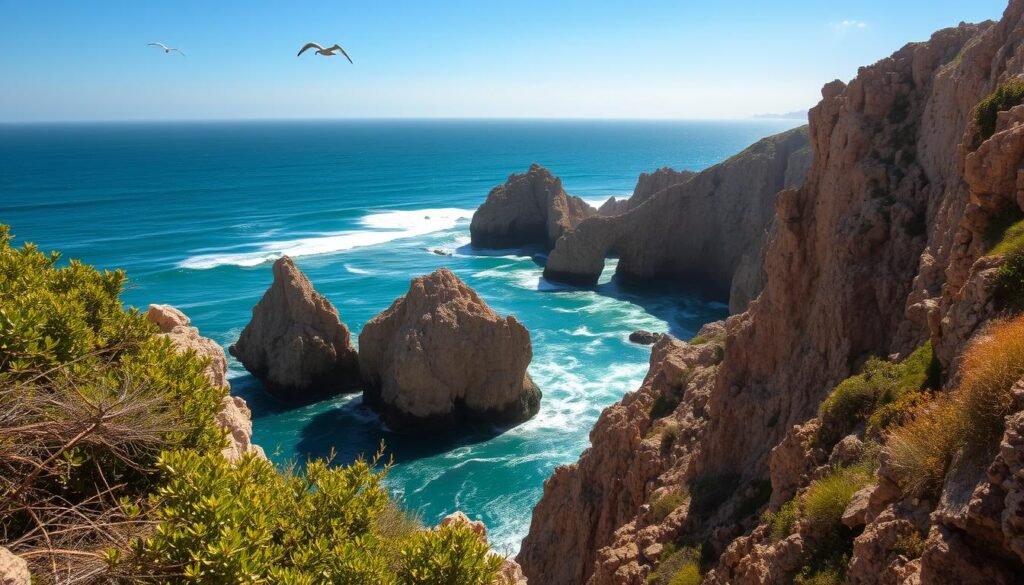 A dramatic seaside vista of Spartel Cape, a rugged promontory on the northern coast of Tangier, Morocco. The sun casts a warm glow over the craggy limestone cliffs plunging into the turquoise waters of the Strait of Gibraltar. Seabirds soar overhead as waves crash against the weathered rocks. In the foreground, lush Mediterranean vegetation clings to the steep slopes, adding pops of vibrant green. The scene exudes a sense of timeless, natural beauty, inviting the viewer to explore this scenic, historic landmark.