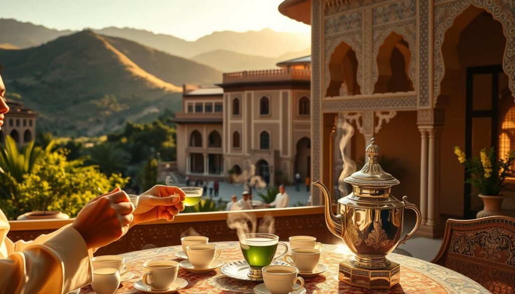 A grand Moroccan palace, ornate with intricate tile work and ornamental arches, stands majestically against a backdrop of lush, rolling hills. In the foreground, a traditional tea ceremony unfolds, with graceful servers pouring steaming glasses of fragrant green tea. Delicate porcelain cups and ornate silver teapots glimmer in the warm, golden light filtering through large windows. The atmosphere is one of timeless elegance and cultural heritage, capturing the rich history of Moroccan tea traditions as they transition from the grand royal courts to the intimate setting of the family home.