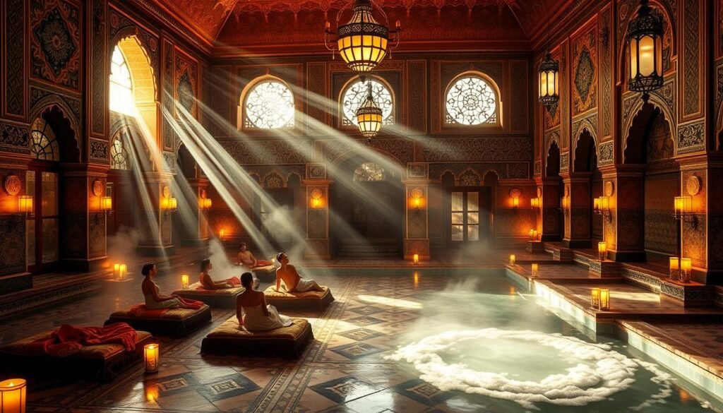 A grand and opulent Moroccan bathhouse, the "Hamam of the Thousand and One Nights," illuminated by the warm glow of lanterns and candles. Ornately tiled floors and walls, with intricate Islamic geometric patterns and mosaics, create a mesmerizing visual feast. Plumes of fragrant steam drift through the air, as bathers recline on elaborately draped cushions, immersed in the timeless ritual of cleansing and relaxation. Beams of soft, ambient light filter through ornate arched windows, casting an enchanting, dream-like ambiance over the scene. This is a timeless, otherworldly space, where the boundaries between fantasy and reality blur, transporting the viewer to the mystical realms of the Arabian Nights.