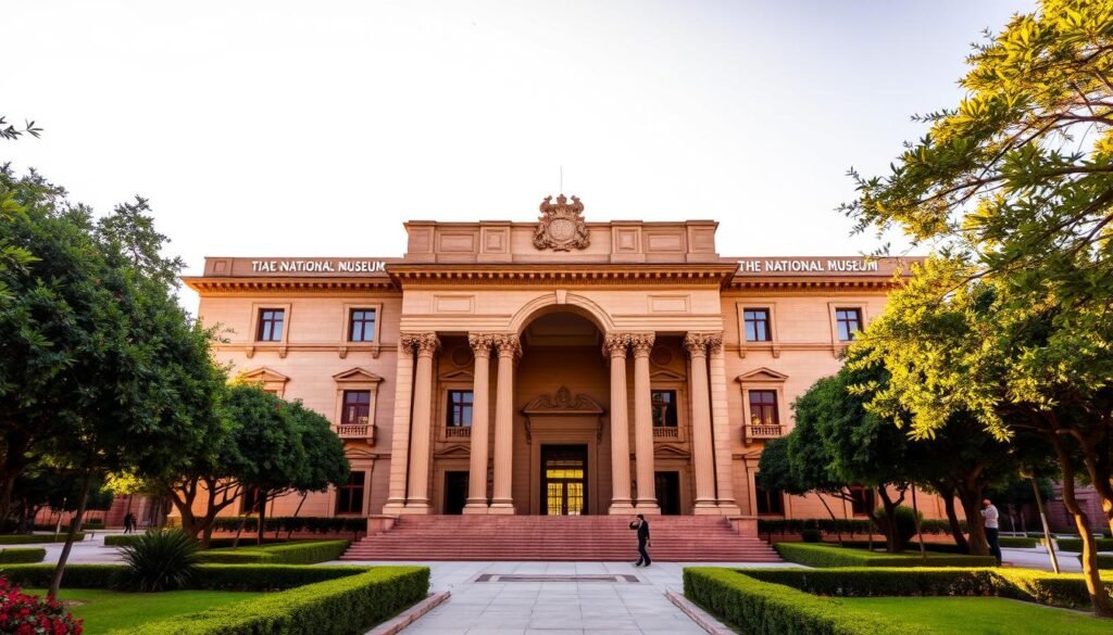 A grand, majestic stone building stands tall, its classical architecture reflecting the rich cultural heritage of Rabat. The National Museum, a stately centerpiece of the city, is bathed in warm, golden light, casting a welcoming glow across its ornate facade. Columns and arched entryways frame the entrance, inviting visitors to explore the treasures within. Surrounding the museum, lush gardens and shaded walkways create a serene, contemplative atmosphere, setting the stage for an immersive cultural experience. The image captures the grandeur and importance of this iconic Rabat landmark, a must-visit destination for those seeking to delve into the city's captivating history and artistic legacy.