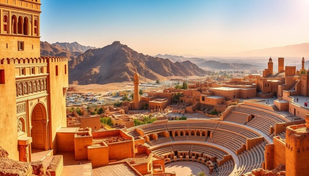 A grand panorama of Morocco's ancient wonders, bathed in warm, golden light. In the foreground, the towering archways and intricate carvings of a well-preserved Berber kasbah, its ochre walls standing tall against a backdrop of rugged, sun-kissed mountains. In the middle ground, the crumbling ruins of a Roman amphitheater, echoing the glory of a bygone era. Further in the distance, the silhouettes of towering minarets and the undulating curves of Moroccan adobe architecture, blending seamlessly with the rolling dunes and the hazy, azure sky above. A scene that captures the timeless essence of Morocco's rich cultural heritage, inviting the viewer to explore and uncover the stories that lie within these ancient, weathered walls.