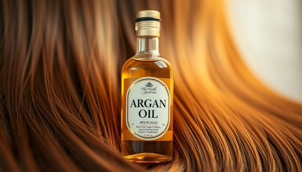A high-resolution, close-up photograph of a luxurious bottle of argan oil with warm, golden light illuminating the label and glass container. The bottle is set against a blurred, out-of-focus background of lush, healthy hair strands in varying shades of brown, hinting at the oil's nourishing benefits for the hair. The overall composition has a serene, spa-like ambiance, conveying the calming, therapeutic nature of using argan oil for hair care.