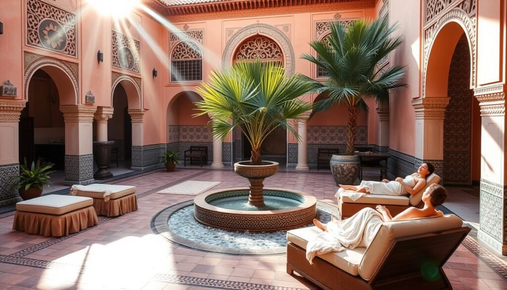 A luxurious Moroccan spa nestled in the heart of Marrakech, Fernachi Spa blends traditional Moorish architecture with modern amenities. Sunlight streams through ornate arched windows, casting a warm glow over intricately carved plaster walls and intricate tile mosaics. In the serene courtyard, a central fountain bubbles gently, surrounded by lush palm fronds and fragrant jasmine. Guests recline on plush drapery-adorned lounges, sipping mint tea and indulging in rejuvenating treatments. The atmosphere exudes a harmonious fusion of timeless Moroccan elegance and contemporary sophistication, offering a truly immersive and memorable spa experience.