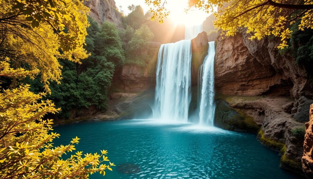 A majestic waterfall cascades over rugged cliffs, its powerful torrents crashing into a serene turquoise pool below. Lush, verdant foliage frames the dramatic scene, creating a tranquil oasis in the heart of the Moroccan countryside. Warm, golden sunlight filters through the canopy, casting a soft, ethereal glow over the cascading waters. The camera captures this breathtaking natural wonder from a low, dynamic angle, highlighting the scale and grandeur of the Akchour Falls. A sense of peaceful solitude pervades the image, inviting the viewer to immerse themselves in the restorative beauty of this hidden gem.