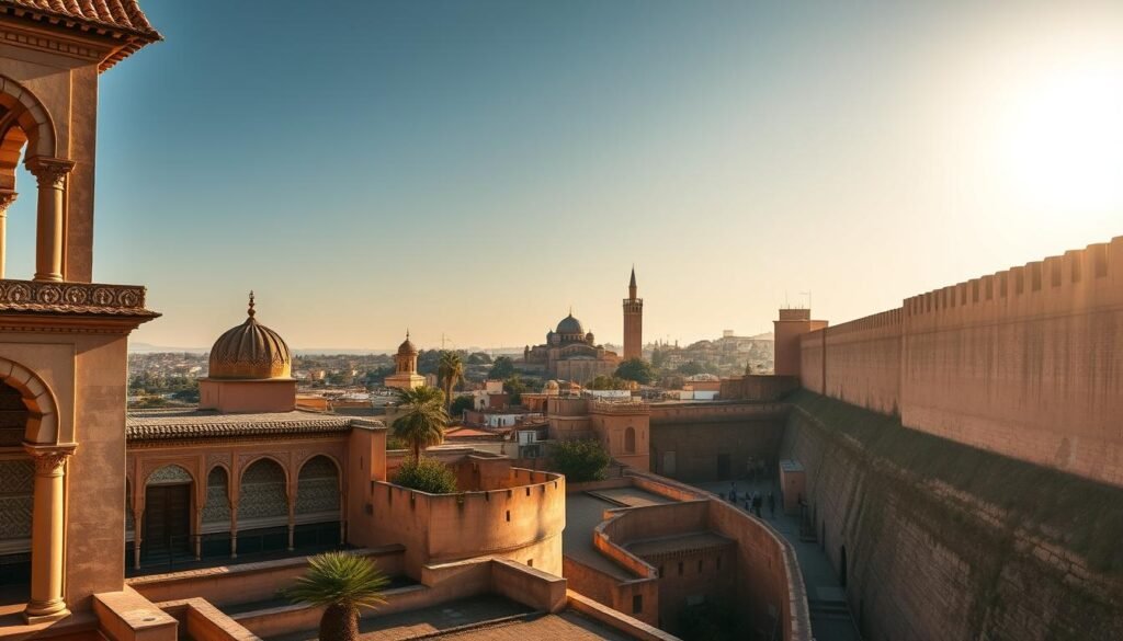 A panoramic view of the historic landmarks in the old city of Morocco, captured under the warm glow of the afternoon sun. In the foreground, the intricate architecture of the Kasbah of the Udayas stands proud, its ornate arches and vibrant tilework commanding attention. Beyond, the towering minarets of the Koutoubia Mosque pierce the skyline, a testament to the region's rich Islamic heritage. In the distance, the weathered ramparts of the ancient city walls snake through the winding alleys, framing the scene with a sense of timeless grandeur. The overall atmosphere evokes a captivating blend of history, culture, and the unique charm of Moroccan urban spaces.