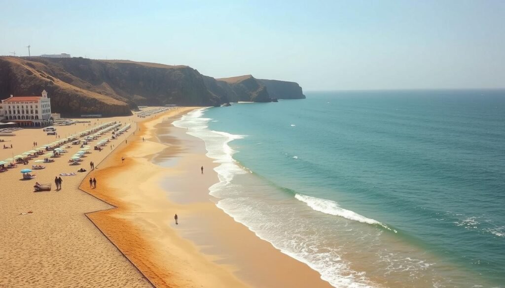 A picturesque Mediterranean beach in Tangier, Morocco, with sun-kissed golden sand, crystal-clear turquoise waters, and a backdrop of rugged cliffs. Beachgoers enjoy the tranquil scene, some lounging on colorful umbrellas, others strolling along the shoreline. Gentle waves lap against the shore, creating a soothing ambiance. The warm, inviting atmosphere is accentuated by the soft, diffused lighting of a late afternoon sun. A breathtaking panoramic view captures the essence of Tangier's most captivating beaches, inviting visitors to immerse themselves in the natural beauty and rich cultural heritage of this coastal gem. A picturesque Mediterranean beach in Tangier, Morocco, with sun-kissed golden sand, crystal-clear turquoise waters, and a backdrop of rugged cliffs. Beachgoers enjoy the tranquil scene, some lounging on colorful umbrellas, others strolling along the shoreline. Gentle waves lap against the shore, creating a soothing ambiance. The warm, inviting atmosphere is accentuated by the soft, diffused lighting of a late afternoon sun. A breathtaking panoramic view captures the essence of Tangier's most captivating beaches, inviting visitors to immerse themselves in the natural beauty and rich cultural heritage of this coastal gem.