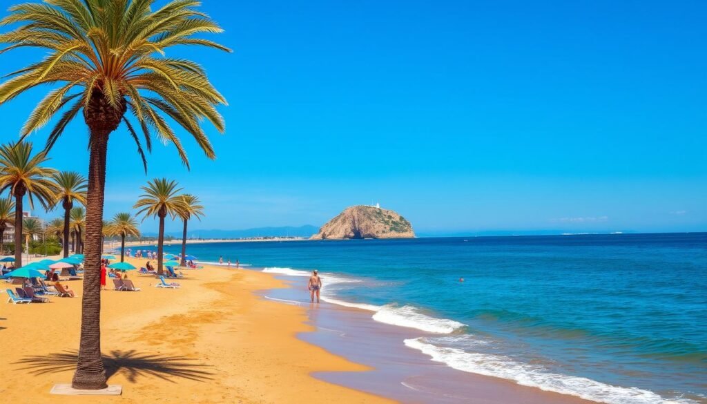 A picturesque Mediterranean beach in Tangier, Morocco. Warm, golden sand stretches along the shore, dotted with colorful umbrellas and sunbathers. In the distance, the iconic Hercules Cave stands tall, casting a majestic silhouette against the azure sky. Gentle waves lap against the coastline, their soothing rhythm creating a serene atmosphere. Palm trees sway gently in the refreshing sea breeze, offering a shaded respite from the sun. Beachgoers stroll along the promenade, taking in the stunning vistas of the Strait of Gibraltar and the distant Spanish coast. The scene exudes a captivating blend of natural beauty, cultural charm, and laid-back Mediterranean allure. A picturesque Mediterranean beach in Tangier, Morocco. Warm, golden sand stretches along the shore, dotted with colorful umbrellas and sunbathers. In the distance, the iconic Hercules Cave stands tall, casting a majestic silhouette against the azure sky. Gentle waves lap against the coastline, their soothing rhythm creating a serene atmosphere. Palm trees sway gently in the refreshing sea breeze, offering a shaded respite from the sun. Beachgoers stroll along the promenade, taking in the stunning vistas of the Strait of Gibraltar and the distant Spanish coast. The scene exudes a captivating blend of natural beauty, cultural charm, and laid-back Mediterranean allure.
