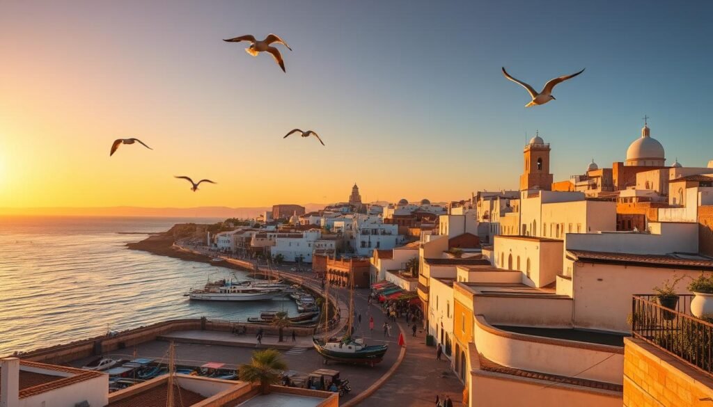 A picturesque Moroccan oasis bathed in warm golden light, the historic town of Essaouira (also known as Safi) comes alive in the soft glow of the setting sun. Capture the charming medina with its whitewashed buildings, vibrant souks, and bustling seaside promenade. Framed by the ancient city walls and the azure Atlantic ocean, the quaint harbor showcases traditional fishing boats and seagulls soaring overhead. Embrace the serene ambiance as the town transitions from day to night, with the call to prayer echoing through the air and the scent of spices wafting through the streets. This picturesque Moroccan gem is best experienced during the golden hour, showcasing its timeless beauty and captivating atmosphere.