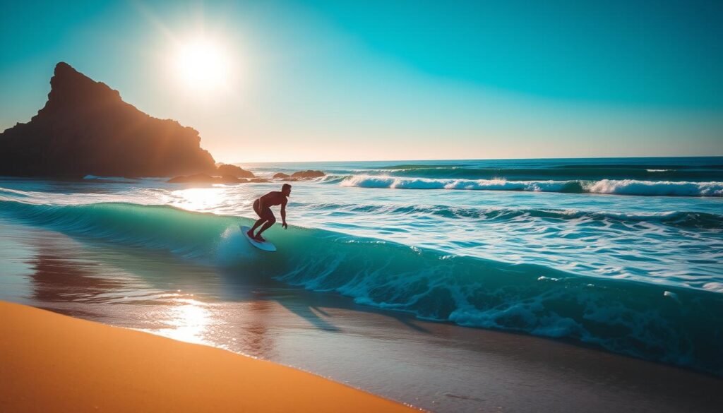 A picturesque coastal scene, with golden sand, turquoise waves, and a clear azure sky. In the foreground, a surfer glides effortlessly along a perfect barrel, their silhouette etched against the sun's rays. The midground features a rocky outcrop, providing a dramatic backdrop for the action. In the distance, a line of swells rolls in, each crest a study in liquid grace. The lighting is soft and diffused, casting a warm, golden glow over the entire composition. The angle is slightly elevated, allowing the viewer to appreciate the surfer's skill and the harmony between person and nature. An atmospheric, serene image that captures the essence of the "ideal conditions for surfing" in Dakhla, Morocco.