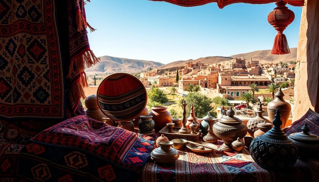 A rich tapestry of Moroccan cultural symbols woven into intricate patterns, captured in a warm, golden-hued light. In the foreground, intricately embroidered textiles with traditional geometric motifs and vibrant hues of red, blue, and ochre. In the middle ground, artfully arranged pottery, metalwork, and other artisanal crafts that reflect the cultural heritage. The background features a picturesque Moroccan landscape, with rolling hills, adobe buildings, and a clear, azure sky. The overall composition conveys a sense of harmony, tradition, and the enduring legacy of Moroccan textile arts.