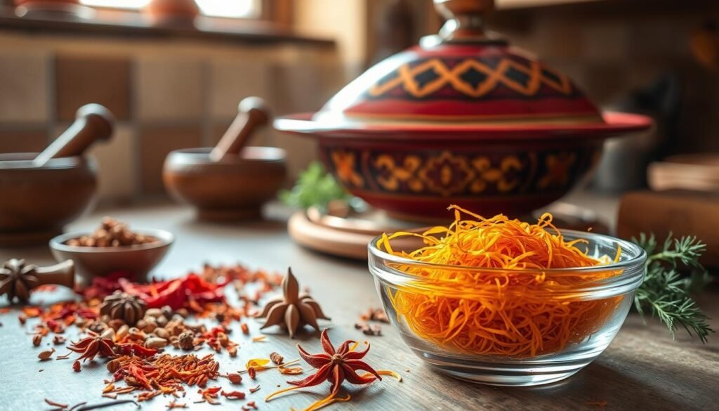 A rustic kitchen countertop with an array of vibrant saffron threads, aromatic spices, and fragrant herbs. In the foreground, a glass bowl filled with the warm golden hue of saffron, its delicate strands gently cascading over the edge. Surrounding it, a variety of culinary ingredients: a mortar and pestle, a small ceramic bowl of cumin seeds, a sprinkle of paprika, and a sprig of fresh thyme. In the middle ground, a traditional Moroccan tagine, its intricate glazed pattern catching the soft, natural light filtering through a window. In the background, a backdrop of earthy tones, perhaps a rustic wooden shelf or a tiled wall, creating a cozy and inviting atmosphere. The overall scene conveys the rich culinary heritage and the versatility of saffron in Moroccan cuisine.