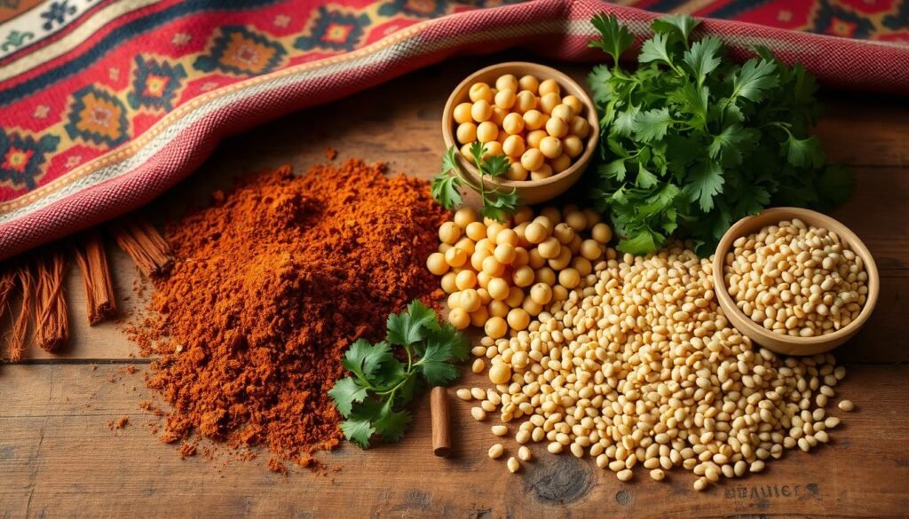 A rustic wooden table draped with a traditional Moroccan rug, showcasing the essential ingredients for an authentic Moroccan harira soup: a pile of fragrant spices like cumin, coriander, and cinnamon, a bundle of fresh parsley and cilantro, a handful of chickpeas, and a selection of lentils and barley. Soft, natural lighting casts a warm, inviting glow, highlighting the rich colors and textures of the ingredients. The overall composition evokes the comforting, homemade essence of this beloved traditional dish.