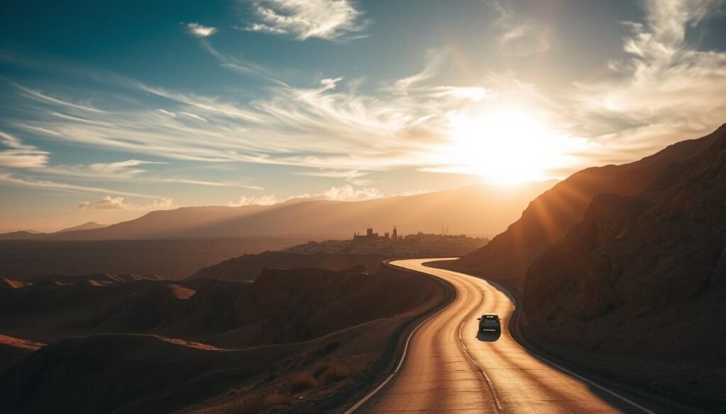 A scenic desert road winding through rugged mountain terrain, leading towards the ancient town of Essaouira, also known as "The Jewel of the Moroccan Coast". Warm, golden sunlight filters through wispy clouds, casting a soft glow over the dramatic landscape. In the distance, the silhouette of traditional Moroccan architecture emerges, hinting at the vibrant culture and history that awaits. Travelers journey along this picturesque route, anticipating the enchanting seaside destination of Essaouira, also called "The Windy City" for its coastal breezes. The image captures the essence of the passage towards this enchanting Moroccan gem.
