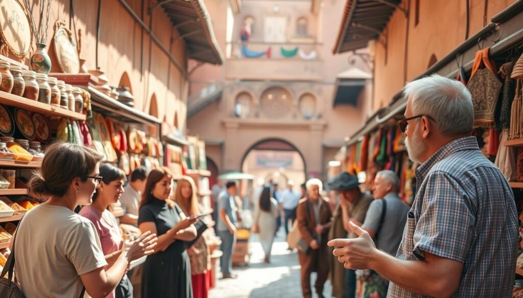 A serene Moroccan marketplace with vibrant stalls displaying an array of local handicrafts, spices, and textiles. In the foreground, a group of visitors attentively listen to a knowledgeable guide, gesturing towards the bustling scene. The middle ground features shopkeepers enthusiastically engaging with customers, showcasing their wares. In the background, the iconic architecture of the old city provides a warm, earthy backdrop, bathed in soft, diffused natural lighting. The overall atmosphere exudes a sense of authentic cultural immersion, inviting the viewer to explore the practical tips and insights shared by the guide.