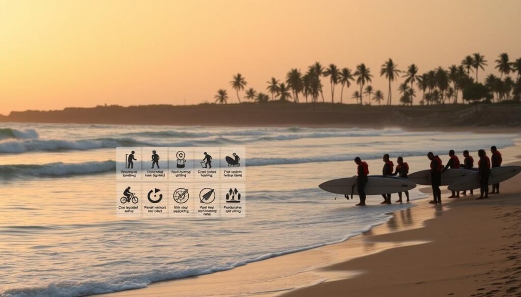 A serene coastal scene with gentle waves lapping against a sandy beach, set under a warm, golden hour sky. In the foreground, a group of surfers carefully preparing their boards, donning life jackets and checking their equipment. The middle ground features a set of clearly illustrated safety signs and pictograms, outlining proper surfing etiquette and responsible conduct on the water. In the background, a line of palm trees sway in a light breeze, creating a tranquil, idyllic atmosphere. The overall composition conveys a sense of safety, awareness, and respect for the ocean environment.