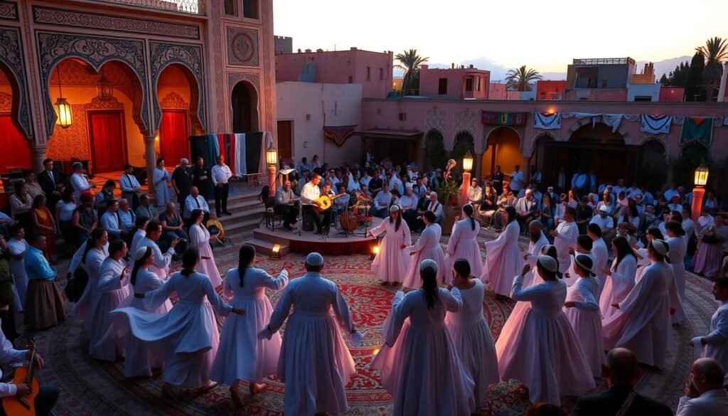 A serene gathering of musicians and spiritual devotees amid the vibrant tapestry of Moroccan culture. In the foreground, a circle of dervishes sway gracefully, their flowing robes and rhythmic chants creating a captivating dance of inner reflection. In the middle ground, a stage is illuminated by the warm glow of lanterns, as musicians play traditional instruments and vocalists raise their voices in soulful harmony. The background is a tapestry of ornate architecture, colorful textiles, and the silhouettes of onlookers, all bathed in the soft, diffused light of a Moroccan sunset. The scene exudes a sense of deep reverence, cultural richness, and the transcendent power of spiritual expression.