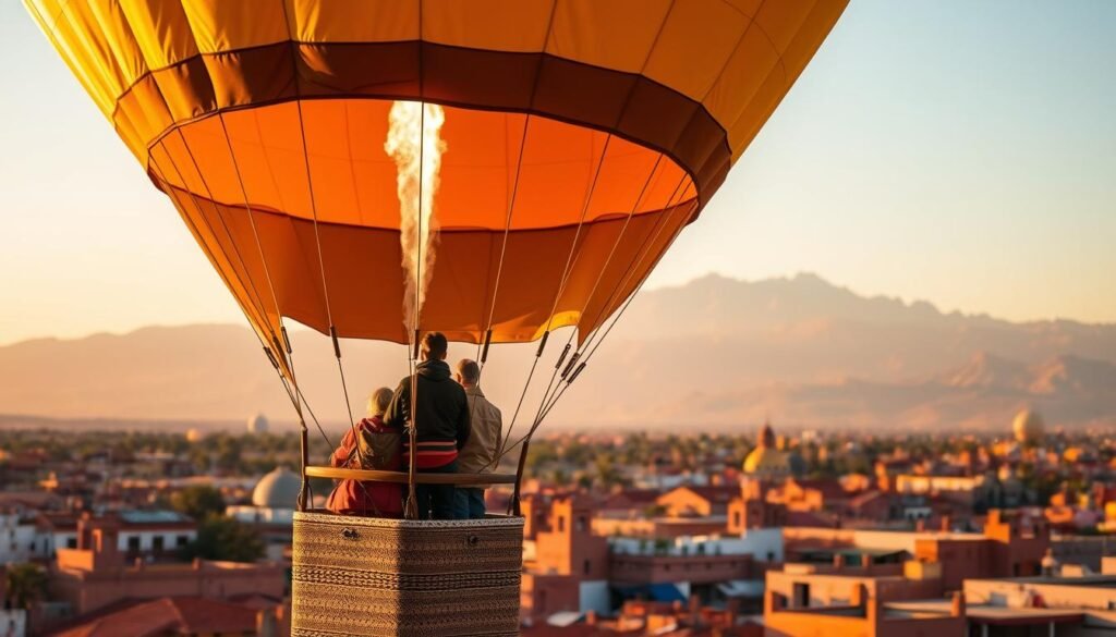 A serene hot air balloon soaring over the vibrant ochre hues of Marrakech's rooftops, with the majestic Atlas Mountains looming in the distance. The basket is elegantly adorned, the balloon's fabric shimmering in the warm, golden sunlight. Passengers gaze in awe at the captivating vistas unfolding below, immersed in the tranquility and unique perspective of a hot air balloon ride. The scene exudes a sense of adventure, romance, and the enchanting essence of Moroccan culture, inviting the viewer to experience the thrill of a hot air balloon adventure in Marrakech.