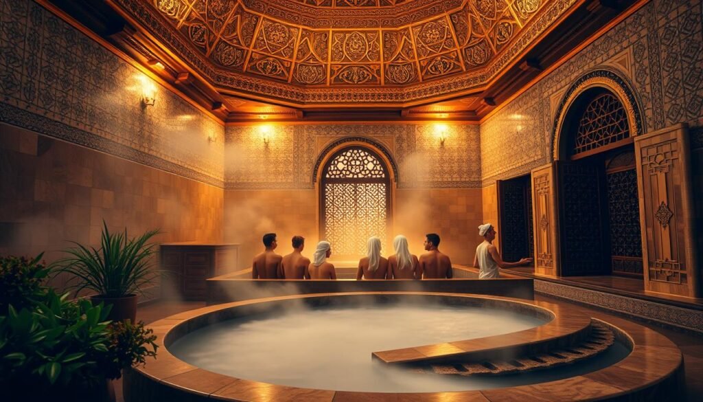 A spacious, ornate Moroccan-style bathhouse, with intricate tiled walls and domed ceilings. Warm, diffused lighting casts a golden glow, creating a serene and rejuvenating atmosphere. In the foreground, a luxurious stone basin filled with steaming water, surrounded by lush greenery and fragrant herbs. In the middle ground, a group of people enjoying the therapeutic benefits of the traditional hammam ritual, their bodies wrapped in soft, plush towels. The background features elaborately carved wooden screens and archways, hinting at the cultural heritage of this ancient practice. The scene conveys the tranquility, indulgence, and holistic wellness associated with the Moroccan hammam experience.