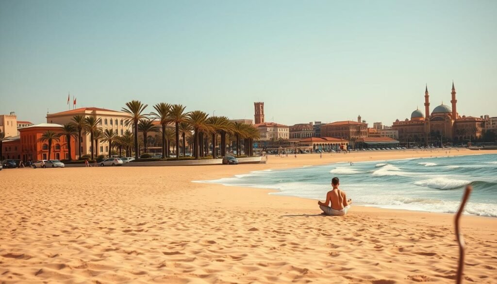 A sun-drenched beach in the heart of Agadir, Morocco, with golden sands and gently lapping waves. In the foreground, a lone figure sits cross-legged, taking in the serene atmosphere. The middle ground features a picturesque promenade lined with palm trees, while the background showcases the iconic architecture of the city, with its distinctive red-tiled roofs and minarets. The scene is bathed in a warm, golden light, creating a sense of tranquility and relaxation. The lens captures the scene with a wide, cinematic angle, emphasizing the vastness of the beach and the harmony between the natural and built environments.