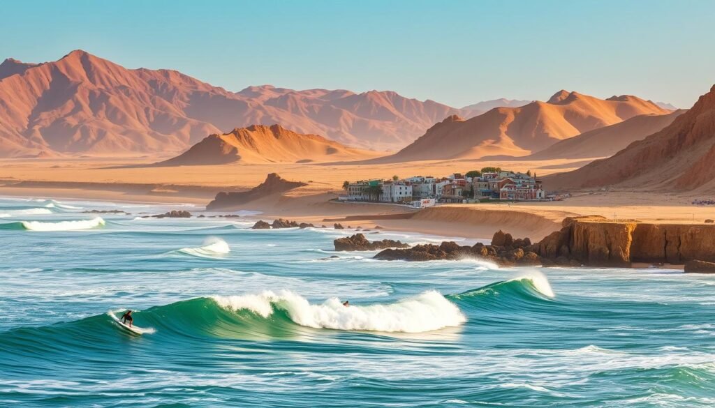 A sun-drenched coastline in Dakhla, Morocco, where rolling waves crash against rugged cliffs. In the foreground, a group of surfers skillfully navigate the powerful swells, their boards carving graceful arcs through the turquoise waters. The middle ground features a picturesque fishing village, its colorful buildings nestled between the ocean and the arid, wind-swept dunes. In the background, towering mountains rise, casting long shadows over the landscape. The scene is bathed in warm, golden light, creating a sense of tranquility and adventure. The composition captures the essence of the best surfing spots in Dakhla, where the elements converge to offer an unparalleled watersports experience.