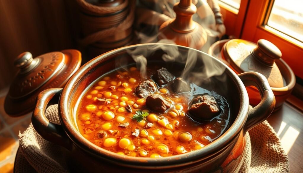 A traditional Moroccan harira soup simmering in a rustic earthenware pot. The aromatic broth features tender lamb, chickpeas, and lentils, seasoned with a fragrant blend of spices including cinnamon, cumin, and coriander. Wisps of steam rise from the pot, creating a cozy, homely atmosphere. The scene is set against a backdrop of warm, earthy tones - terracotta tiles, hand-woven textiles, and natural wood accents. Sunlight filters in through a window, casting a soft, golden glow over the entire composition. The overall mood is one of comfort, tradition, and the comforting flavors of Moroccan home cooking.