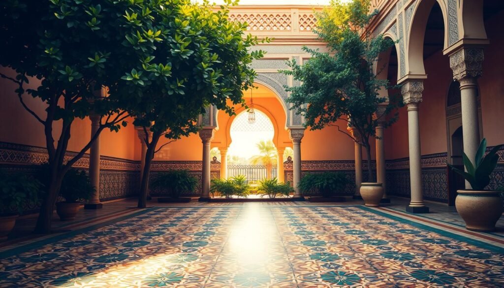 A vibrant Moroccan courtyard, bathed in warm, golden light, showcases the intricate beauty of traditional zellij tiles. The foreground features an ornate geometric pattern in a kaleidoscope of vibrant blues, greens, and ochres, adorning the floor and lower walls. The middle ground reveals lush, verdant foliage framing the scene, while the background showcases the iconic archways and delicate latticework that are hallmarks of Moroccan architecture. The overall atmosphere exudes a timeless, cultural elegance, capturing the enduring significance of zellij in Moroccan heritage.