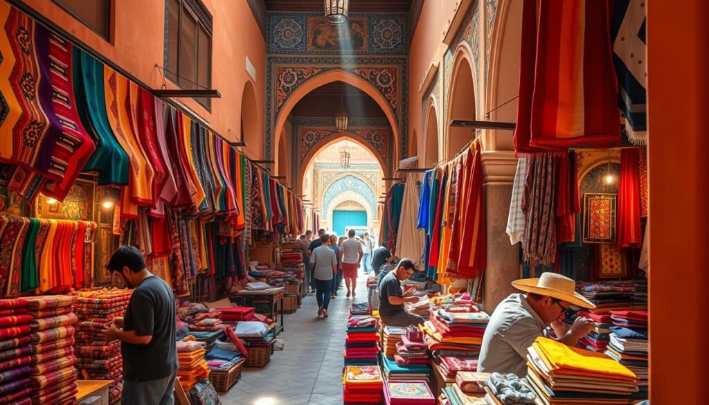 A vibrant Moroccan marketplace, the Souk des Teinturiers in Marrakech. Bustling stalls display a kaleidoscope of richly colored fabrics, dyed with traditional methods. Artisans work tirelessly, their hands expertly manipulating the materials. The air is thick with the scent of spices and the murmur of haggling voices. Sunlight filters through the narrow alleyways, casting a warm glow on the scene. Intricate tile work and ornate archways frame the dynamic tableau, creating a visually captivating and immersive experience. Capture the energy, the artistry, and the essence of this vibrant Moroccan souk. A vibrant Moroccan marketplace, the Souk des Teinturiers in Marrakech. Bustling stalls display a kaleidoscope of richly colored fabrics, dyed with traditional methods. Artisans work tirelessly, their hands expertly manipulating the materials. The air is thick with the scent of spices and the murmur of haggling voices. Sunlight filters through the narrow alleyways, casting a warm glow on the scene. Intricate tile work and ornate archways frame the dynamic tableau, creating a visually captivating and immersive experience. Capture the energy, the artistry, and the essence of this vibrant Moroccan souk.