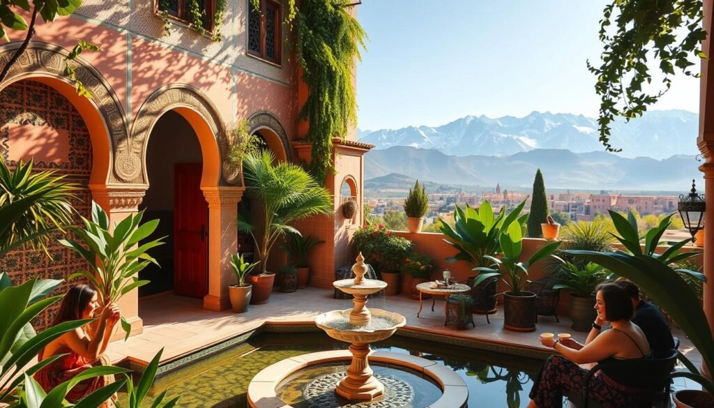 A vibrant Moroccan riad in Marrakesh, with lush greenery and intricate tilework surrounding a tranquil central courtyard. Warm sunlight filters through the arched doorways, casting intricate shadows on the ornate walls. In the foreground, a group of guests leisurely sip mint tea while admiring the serene atmosphere. The middle ground features a beautiful fountain, its calming sounds punctuating the peaceful ambiance. The background showcases the iconic Atlas Mountains, their snow-capped peaks framing the scene. An enchanting and authentic representation of the optimal time to experience the charm of a Moroccan riad in Marrakesh.