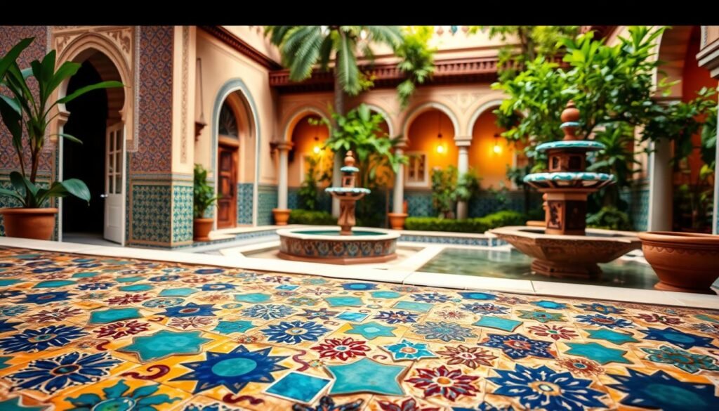A vibrant Moroccan tile mosaic fills the frame, showcasing the intricate patterns and rich colors of traditional zellige. The foreground features a collection of intricately crafted geometric tiles in shades of deep blue, ochre, and emerald green, arranged in a captivating display. The middle ground reveals the versatility of zellige, with tiles incorporated into architectural elements such as arched doorways, columns, and fountains. In the background, a serene Moroccan courtyard setting with lush greenery and warm, diffused lighting creates a harmonious and inviting atmosphere. The composition highlights the timeless beauty and functional applications of this iconic Moroccan art form.