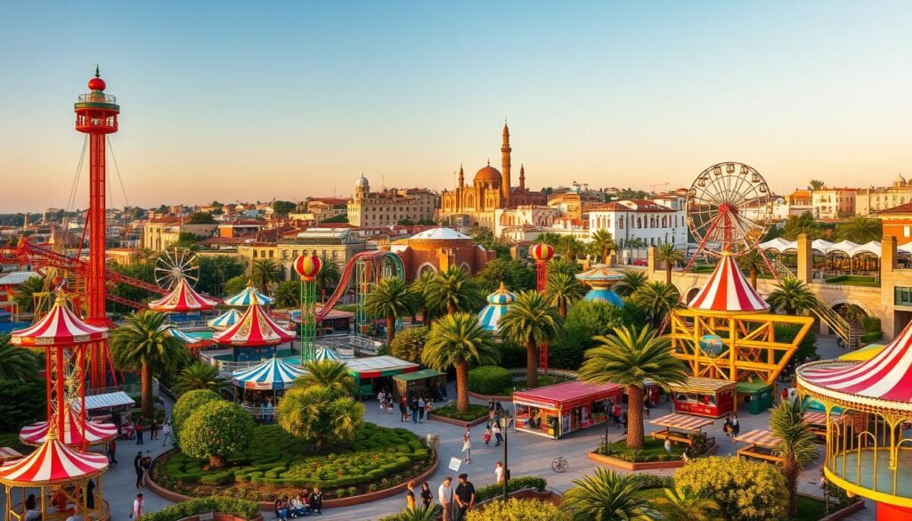 A vibrant, amusement-filled cityscape of Sindbad Amusement Park, situated in the heart of Tangier, Morocco. Towering rides and colorful attractions dot the landscape, creating a whimsical atmosphere. In the foreground, families and children can be seen enjoying the thrilling roller coasters and ferris wheels, their laughter echoing through the air. The middle ground features lush, verdant landscaping and charming food stalls, while the background showcases the city's iconic architecture, blending Moorish and Mediterranean styles. Warm, golden sunlight bathes the scene, adding to the park's inviting and joyful ambiance. A dreamlike, fantastical setting that captures the spirit of adventure and wonder.
