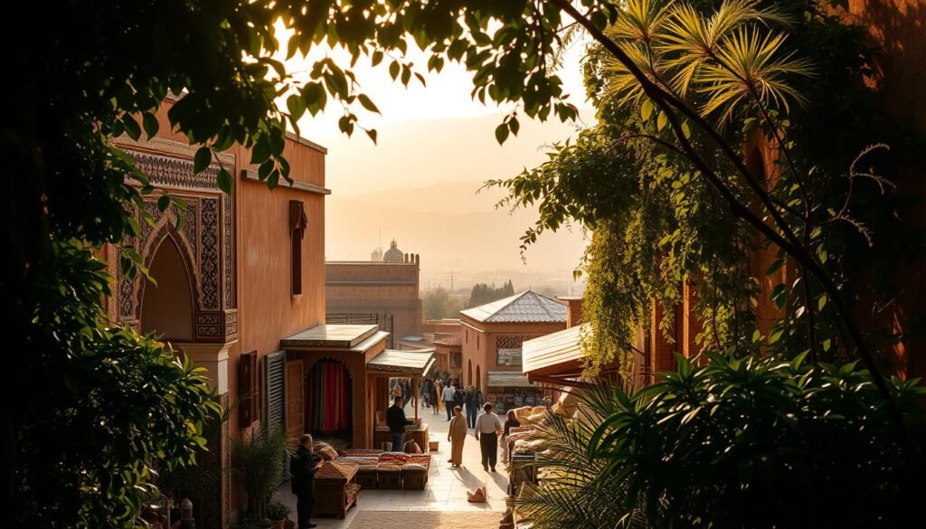 A vibrant and atmospheric scene of Moroccan heritage, bathed in warm, golden lighting. In the foreground, intricate Moorish architecture with ornate, arabesque patterns adorning the walls and archways. Lush, verdant foliage frames the scene, creating a sense of lush, timeless tranquility. In the middle ground, a bustling marketplace, filled with colorful textiles, spices, and artisanal wares, reflecting the rich cultural tapestry of Morocco. In the background, the silhouettes of distant mountains, hazy and ethereal, evoking the country's majestic, natural landscapes. The overall mood is one of timeless elegance, cultural vibrancy, and a deep connection to the enduring heritage of this captivating North African nation.