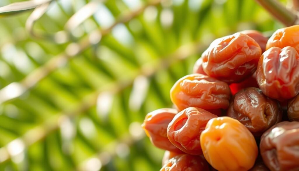 A vibrant and detailed close-up image of a cluster of freshly harvested dates, known as "Tamr Al-Majhool" or the "Unknown Date". The dates are shown in various stages of ripeness, with some a deep amber color and others a rich golden hue. The textured skin of the dates is accentuated by soft, directional lighting, casting subtle shadows that highlight their unique shapes and forms. In the background, a blurred but lush green foliage creates a serene, natural atmosphere, evoking the date palm's native environment. The image conveys a sense of the date's inherent nutritional value and health benefits, inviting the viewer to appreciate the versatility and goodness of this ancient Arabian fruit.