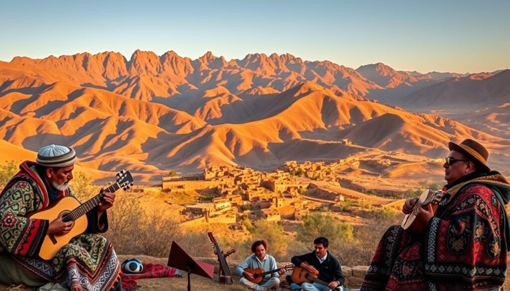 A vibrant and intricate landscape showcasing the diverse musical traditions of the Amazigh people. The foreground features traditional Amazigh musicians performing with various instruments such as the gimbri, bendir, and tbal, their rhythmic melodies weaving a tapestry of rich cultural heritage. The middle ground depicts scenic Atlas mountains, their rugged peaks bathed in warm, golden light, serving as a majestic backdrop to the musical performance. In the distance, small Amazigh villages nestled amongst the hills, their mud-brick structures and winding paths hinting at the deep-rooted connection between the Amazigh people and their land. The overall composition evokes a sense of timelessness, capturing the enduring spirit and vibrant traditions of Amazigh music.