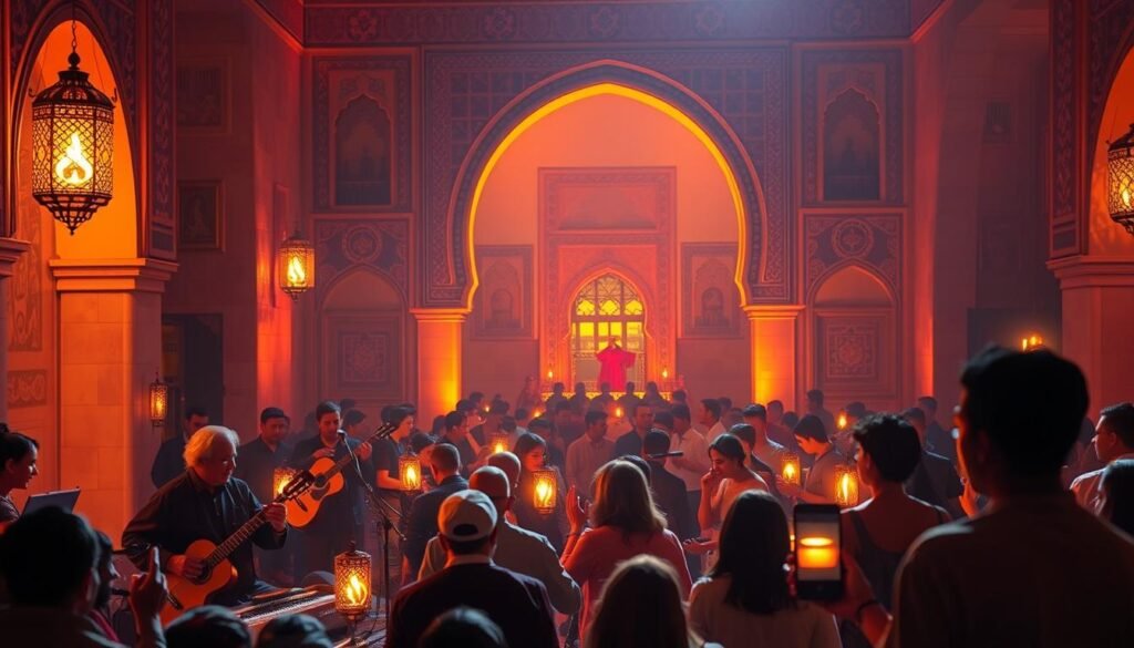 A vibrant and mystical scene of the Spiritual Music Festival in Morocco. In the foreground, a group of musicians play traditional instruments under the warm glow of lanterns, their soulful melodies filling the air. In the middle ground, worshipers sway and dance, lost in the spiritual energy of the performance. The background depicts the iconic architecture of a Moroccan palace, its intricate tilework and archways framing the festival. Warm, golden lighting casts a serene, reverent atmosphere, as if the very walls are imbued with centuries of spiritual devotion. The scene evokes a timeless, transcendent experience, where the boundaries between the earthly and the divine blur in the ecstasy of the music.