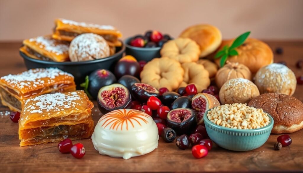 A vibrant assortment of traditional Moroccan sweets, arranged artfully on a rustic wooden table. In the foreground, colorful pastries and confections, such as flaky baklava, creamy meskouta, and fragrant almond cookies, glisten under warm, soft lighting. In the middle ground, a mix of seasonal fruits, including fresh figs, dates, and pomegranate seeds, add pops of natural sweetness. The background features a simple, neutral backdrop, allowing the rich colors and textures of the Moroccan delicacies to take center stage. The overall scene exudes a cozy, inviting atmosphere, capturing the essence of easy-to-prepare, authentically Moroccan desserts.