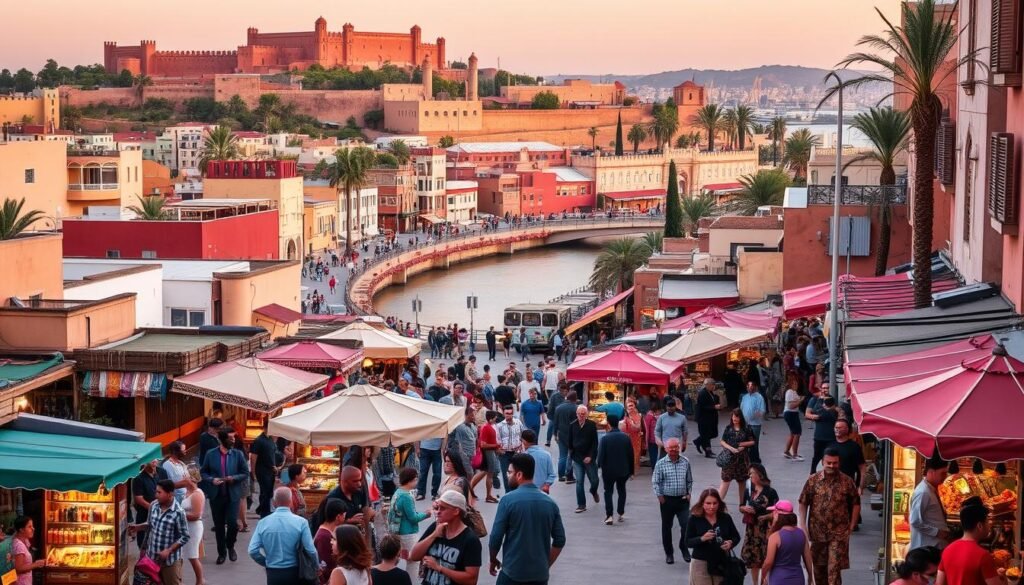 A vibrant cityscape of Rabat, the capital of Morocco, showcasing its captivating leisure activities. Capture the bustling medina, its colorful souks, and lively street performers against the backdrop of the majestic Kasbah of the Udayas and the glistening Bou Regreg River. Immerse in the rhythmic beats of traditional Moroccan music, the aroma of spices, and the energy of locals and visitors alike engaging in diverse recreational pursuits. Depict a harmonious blend of ancient architecture, modern amenities, and a thriving cultural scene that offers an unforgettable experience for all who venture into Rabat's enchanting realm of entertainment.