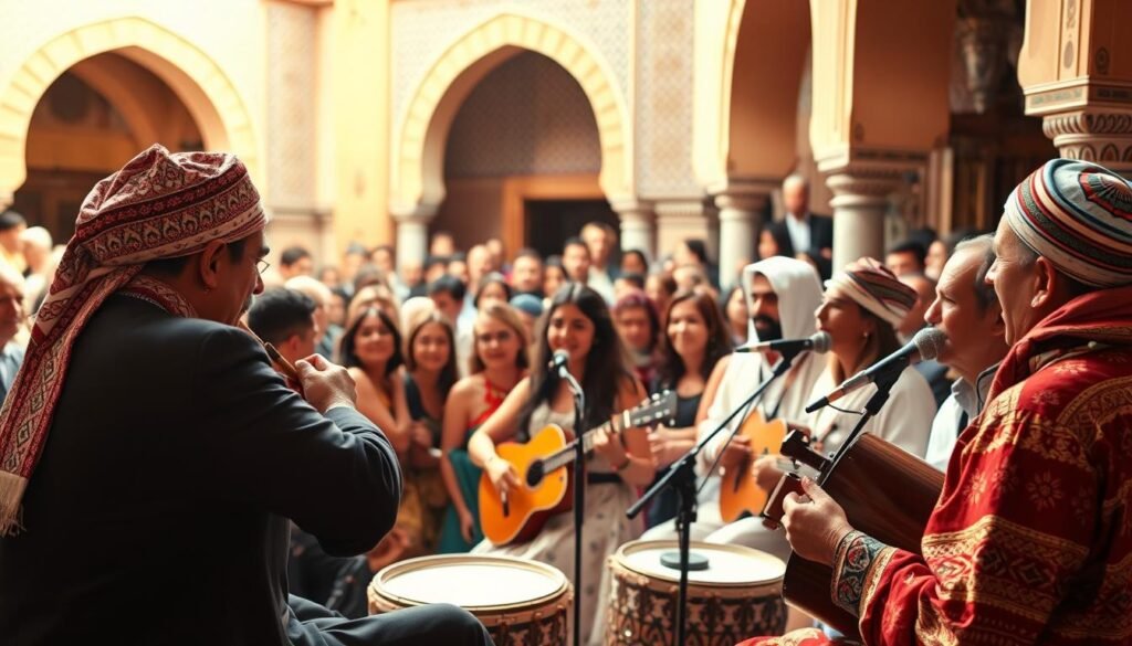 A vibrant cultural exchange between Morocco and the world, showcasing the rhythmic melodies and intricate tapestry of Gnaoua music. In the foreground, a mesmerizing performance, with musicians adorned in traditional garb, their instruments resonating with the energy of the crowd. In the middle ground, a diverse audience, their faces alight with joy, immersed in the shared experience. The background reveals the rich architectural backdrop, with the iconic arches and tile work of a Moroccan marketplace, creating a sense of timeless cultural heritage. Soft, warm lighting illuminates the scene, evoking the warmth and hospitality of Moroccan hospitality. A harmonious fusion of old and new, where the universal language of music bridges the divide between cultures.