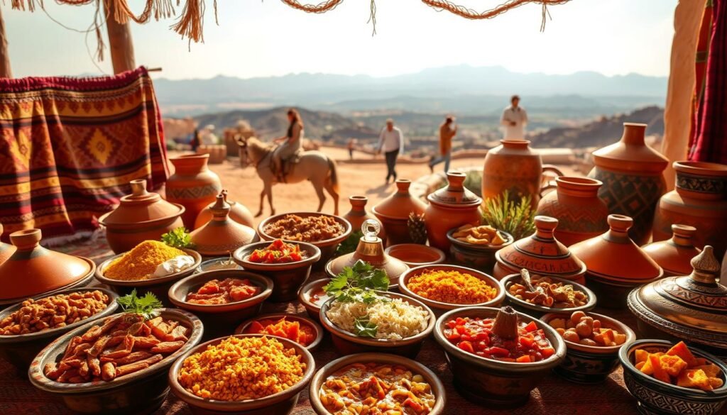 A vibrant display of the regional diversity in Moroccan cuisine. In the foreground, a tantalizing array of traditional tagine dishes, each with its own unique blend of spices and flavors. In the middle ground, an assortment of colorful hand-woven rugs, baskets, and pottery, reflecting the rich cultural heritage. The background showcases the breathtaking landscapes of Morocco, from the Atlas Mountains to the Sahara Desert, creating a harmonious and immersive atmosphere. Warm, natural lighting illuminates the scene, capturing the essence of the Moroccan culinary experience. The image conveys the sense of tradition, craftsmanship, and the deep connection between the land, the people, and the food.