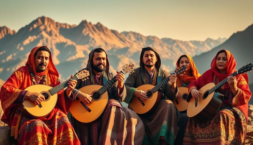 A vibrant ensemble of Amazigh musicians performs traditional instruments against the backdrop of the majestic Atlas Mountains. Colorful robes, intricate jewelry, and expressive faces convey the rich cultural heritage of this musical tradition. Warm lighting casts a golden glow, highlighting the rhythmic interplay of stringed lutes, percussive drums, and soulful vocals that carry the listener through the rugged, sun-dappled landscapes. The composition emphasizes the human connection to the natural world, with the musicians seamlessly integrated into their environmental setting. An atmosphere of reverence, passion, and timeless artistry pervades the scene.