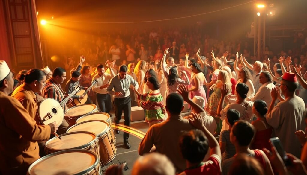 A vibrant festival scene, with diverse musicians playing an array of traditional instruments. The stage is bathed in warm, golden light, casting a festive glow over the lively crowd swaying to the rhythmic beats. In the foreground, drummers and lute players create a pulsing, energetic atmosphere. In the middle ground, dancers in colorful traditional garments twirl and leap, their movements in sync with the captivating melodies. The background is filled with the silhouettes of spectators, their hands raised in joyous celebration of the rich cultural heritage on display. The composition captures the essence of the Knaouya Festival, a harmonious blend of music, dance, and community pride.