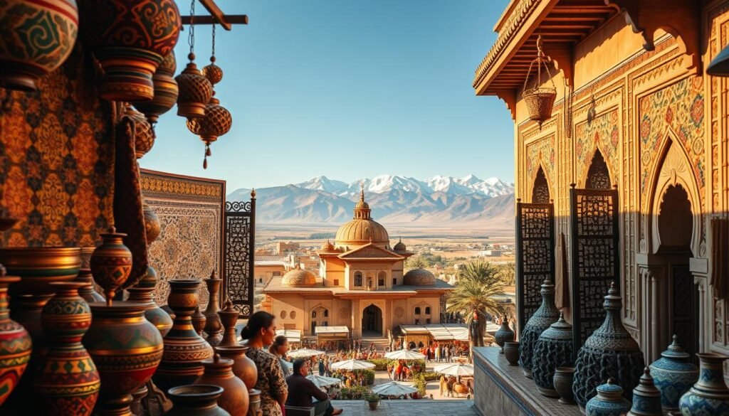 A vibrant mosaic of Moroccan artistry, a captivating tableau showcasing the rich cultural heritage of the kingdom. In the foreground, intricate patterns and bold colors adorn traditional pottery, textiles, and metalwork, reflecting the skilled craftsmanship of Moroccan artisans. The middle ground features a showcase of ornate architecture, with ornamental tilework, carved wooden screens, and ornate arched doorways, all bathed in warm, golden light. In the background, a panoramic view of the Atlas Mountains, their snow-capped peaks rising majestically, creating a breathtaking natural backdrop to this artistic masterpiece. The scene exudes a sense of timeless elegance and the enduring spirit of Moroccan creativity.