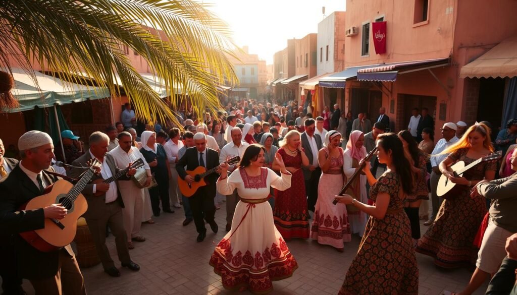 A vibrant outdoor festival in a Moroccan village, the annual Knaouate Festival celebrates the rich cultural heritage of traditional Moroccan music. A lively crowd gathers in a central square, surrounded by colorful tents and traditional architecture. Musicians play mesmerizing melodies on ouds, darabukas, and other indigenous instruments, their rhythms echoing through the narrow streets. Graceful dancers in traditional Moroccan attire sway to the captivating soundscape, their movements fluid and expressive. Warm sunlight filters through the palm fronds, casting a golden glow over the joyous scene. The atmosphere is one of profound cultural pride and shared community, a testament to the enduring power of Knaouate's musical heritage.