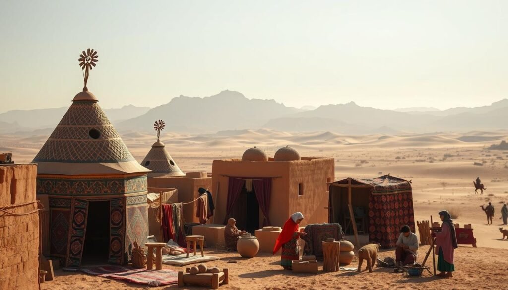 A vibrant scene of Merzougue's rich cultural heritage, captured under the warm desert sun. In the foreground, traditional Berber tents and mud-brick buildings stand tall, their intricate designs and vibrant colors reflecting the region's architectural prowess. In the middle ground, locals dressed in colorful garments engage in time-honored crafts, weaving intricate rugs and carving ornate wooden artifacts. In the background, the rugged Saharan landscape provides a dramatic backdrop, with towering dunes and distant mountains. The composition is bathed in a soft, golden light, evoking a sense of timelessness and the enduring spirit of Merzougue's rich cultural legacy. A vibrant scene of Merzougue's rich cultural heritage, captured under the warm desert sun. In the foreground, traditional Berber tents and mud-brick buildings stand tall, their intricate designs and vibrant colors reflecting the region's architectural prowess. In the middle ground, locals dressed in colorful garments engage in time-honored crafts, weaving intricate rugs and carving ornate wooden artifacts. In the background, the rugged Saharan landscape provides a dramatic backdrop, with towering dunes and distant mountains. The composition is bathed in a soft, golden light, evoking a sense of timelessness and the enduring spirit of Merzougue's rich cultural legacy.