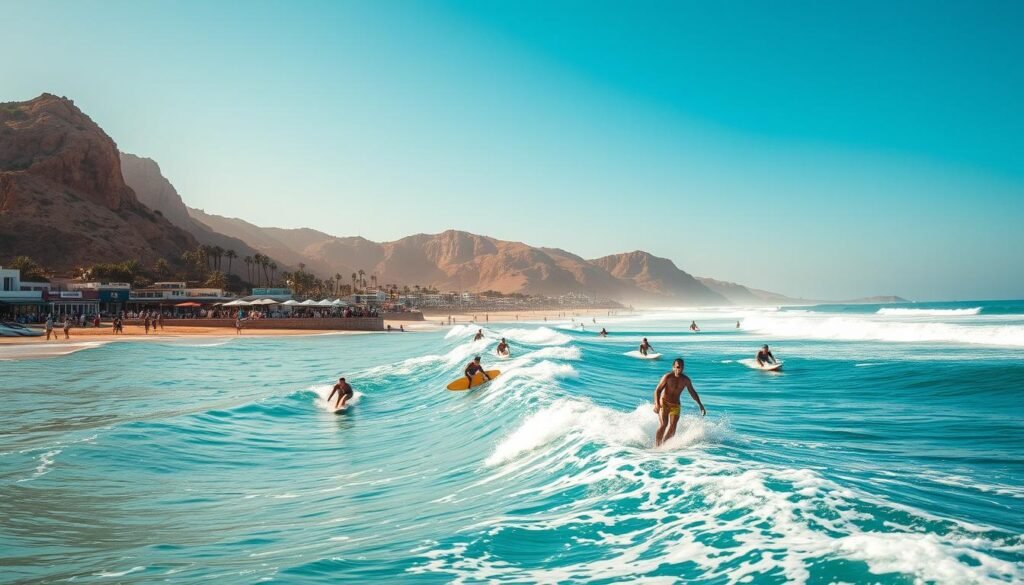 A vibrant scene of Moroccan surf culture in Taghazout. In the foreground, skilled surfers glide across the turquoise waves, their colorful boards carving graceful arcs. The middle ground features a bustling beachfront lined with quaint surf shops, cafes, and sun-bleached buildings. In the background, rugged cliffs and palm trees frame the idyllic coastal landscape, bathed in warm, golden light. The atmosphere exudes a laid-back, adventurous spirit, capturing the essence of Taghazout's beloved surf culture. Dramatic camera angles, wide-angle lens, and cinematic lighting emphasize the dynamic, immersive nature of this vibrant scene.