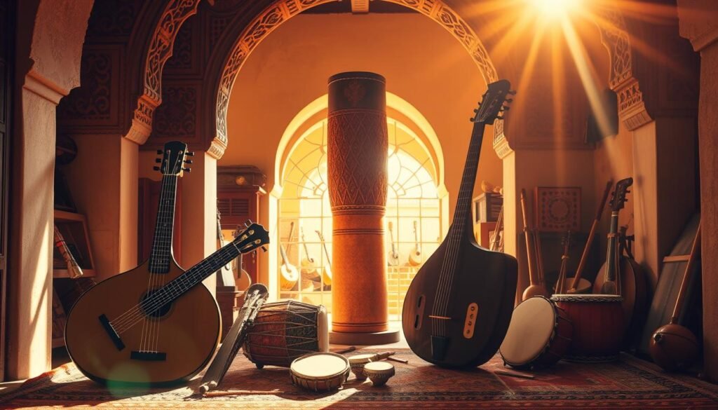 A vibrant scene of traditional Moroccan musical instruments in the town of Knaouenear, bathed in warm, golden light filtering through an ornate, intricately carved wooden archway. In the foreground, a sturdy lute-like guembri and an ornately decorated, large-bellied oud sit upon a woven rug, alongside hand drums and a small frame drum. In the middle ground, a traditional large, upright, single-headed cylindrical drum known as a bendir stands proud, its intricate leather lacework gleaming. In the background, a variety of smaller percussion instruments and wind instruments such as the rhaita and the gasba flute peek out from between the arches, creating a sense of depth and richness to the scene. The overall mood is one of timeless tradition, cultural heritage, and the vibrant, resonant sounds of Moroccan musical legacy.
