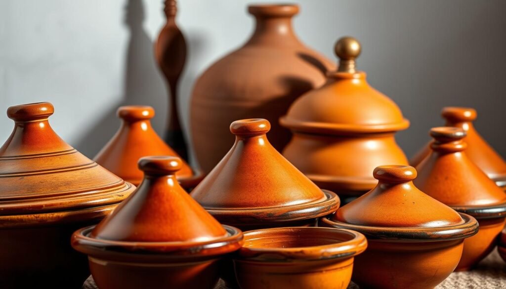 A vibrant still life composition featuring an array of traditional Moroccan tagine cookware. In the foreground, a collection of glazed tagine dishes in warm earthy tones, their distinctive conical lids sitting atop. Behind them, a mix of essential tools - a heavy clay tagine pot, a wooden spoon, and a decorative brass ladle. Soft, diffused lighting casts gentle shadows, highlighting the textures and intricate patterns of the handcrafted pieces. The overall scene evokes the rustic charm and time-honored culinary traditions of Moroccan cuisine.