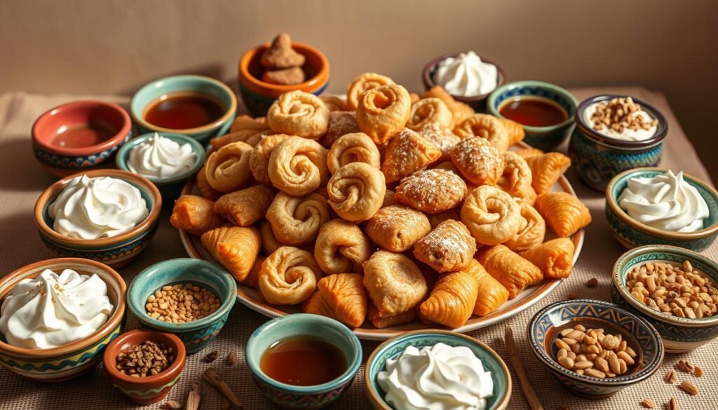 A vibrant still life of traditional Moroccan desserts, captured in warm, natural lighting. A central platter overflows with an enticing array of delicate pastries and sweets - flaky m'hanncha spirals, crumbly kaab el ghzal, sticky baklava, and fragrant almond-filled gazelle horns. Surrounding the platter, an assortment of colorful ceramic bowls hold an array of garnishes and accompaniments - freshly whipped cream, crushed nuts, fragrant spices, and sticky syrups. The scene is set against a neutral background, allowing the rich, earthy tones and intricate textures of the Moroccan confections to take center stage. The overall mood is one of indulgence, tradition, and the welcoming warmth of Moroccan hospitality.