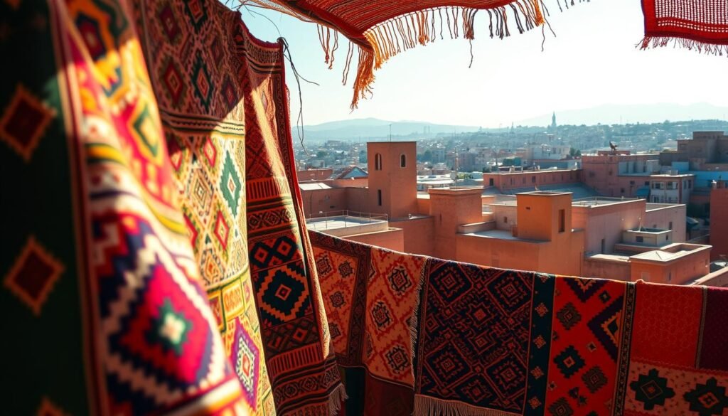 A vibrant tapestry of traditional Moroccan textile patterns and contemporary design elements, illuminated by warm, diffused lighting and captured from a dynamic, slightly elevated angle. The foreground showcases intricate geometric motifs and bold, colorful hues typical of Moroccan weaving, while the middle ground blends these traditional techniques with more modern, abstract compositions. The background subtly hints at the urban fabric of a Moroccan city, with architectural details and a softly hazy cityscape. The overall composition conveys a harmonious fusion of the old and the new, reflecting the evolving nature of Moroccan textile art in the modern era.
