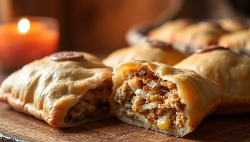 A warm, inviting image of a traditional Moroccan pastry known as "Al-Bisteeya" or "Pastilla". The foreground features the flaky, golden pastry shell filled with a savory mixture of shredded pigeon or chicken, eggs, onions, and aromatic spices. The middle ground showcases the delicate layers of the pastry, creating an appetizing texture. The background hints at a rustic Moroccan setting, with warm lighting and a soft, hazy atmosphere to evoke a sense of authentic craftsmanship and homemade comfort. The overall composition conveys the rich cultural heritage and irresistible flavors of this iconic Moroccan delicacy.